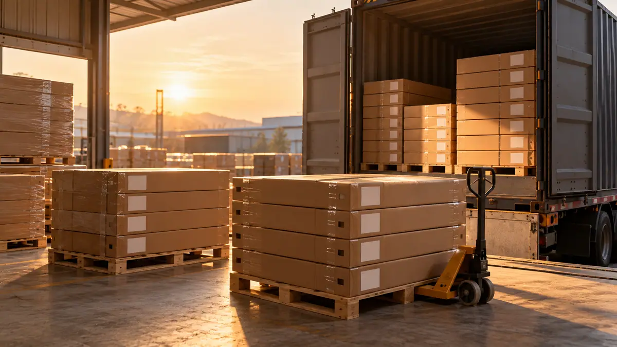 Export cartons of massage tables being loaded into a shipping container