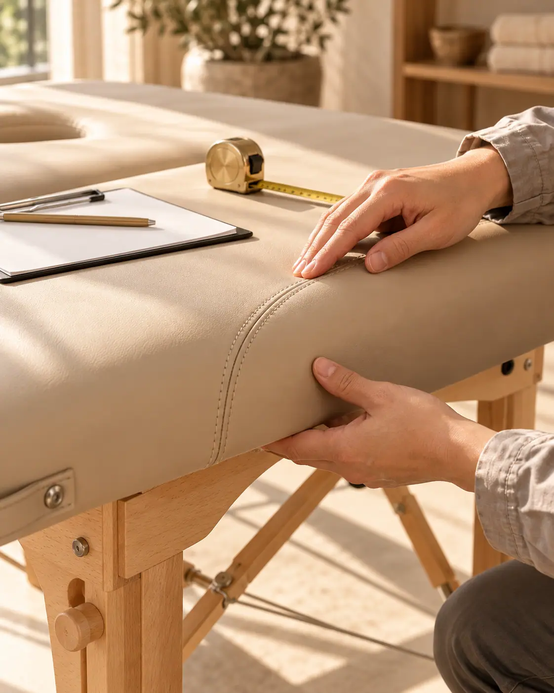 Inspector checking stitching on a massage table